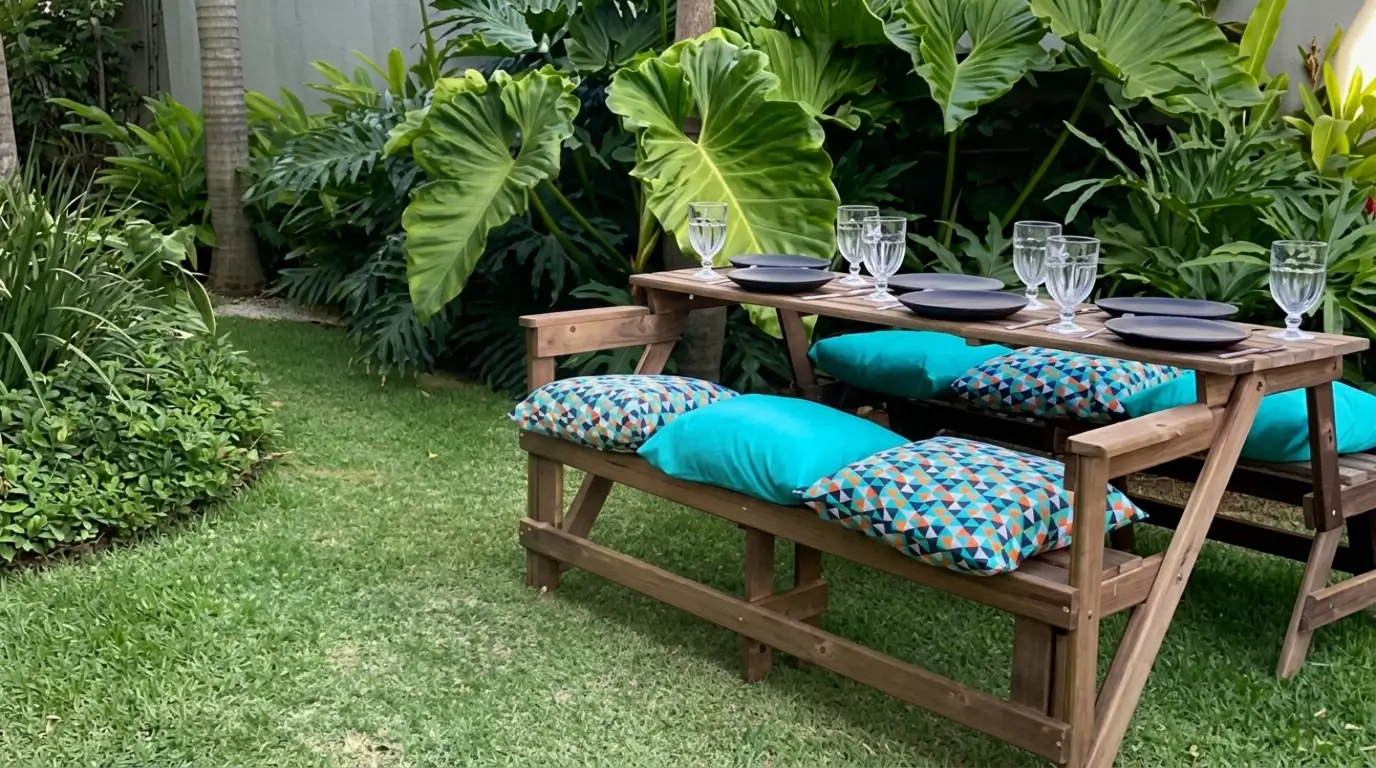 Banco que vira mesa em madeira montado como mesa posta em um jardim